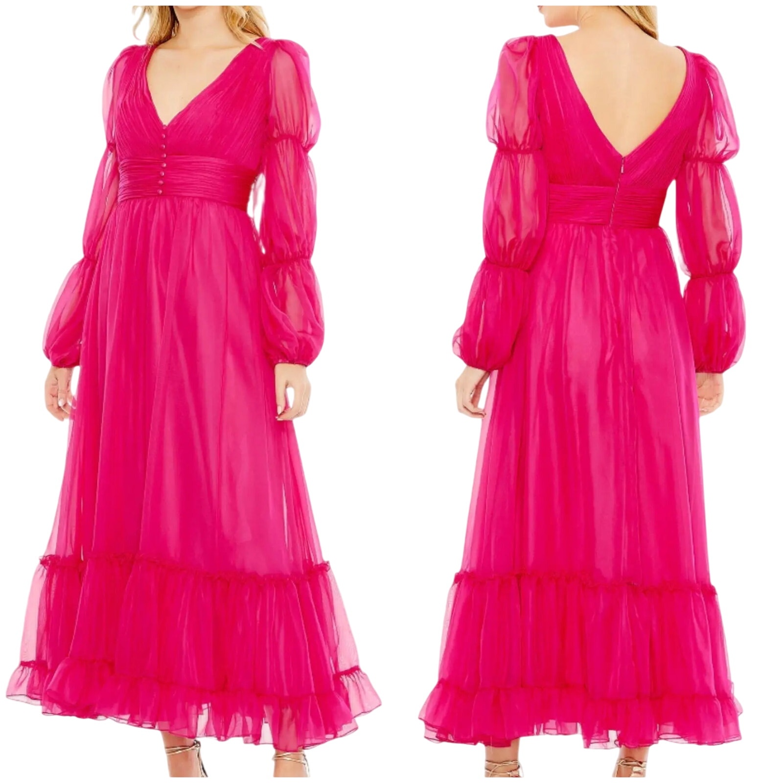 Mac Duggal Nwt Pink Chiffon Ruched Tiered Puff Sleeve A Line Maxi Dress Size 10